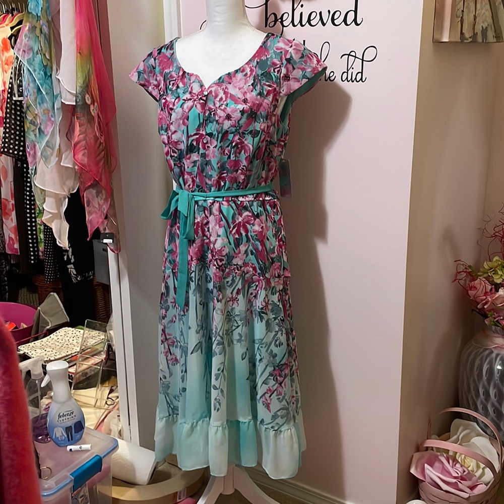 Nwt size 12 rabbit rabbit rabbit dress blue/green with pink flowers